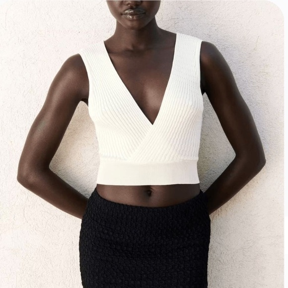 Zara Wide Strap Cropped Knit Sweater Top Ivory NWT - Picture 1 of 8